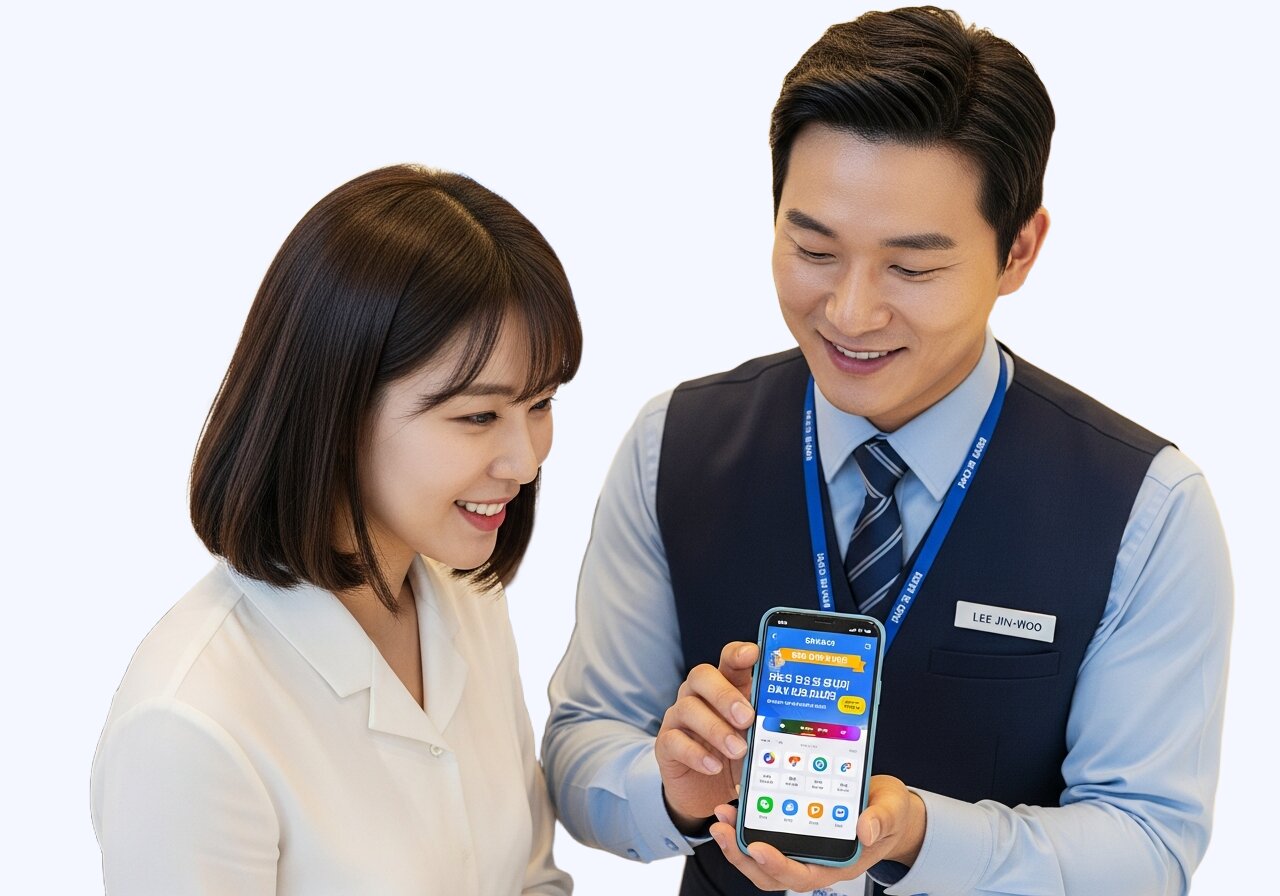 통신사 직원이 고객에게 모바일 앱을 설명하는 장면